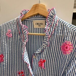 Blue Striped Blouse with Pink Embroidery